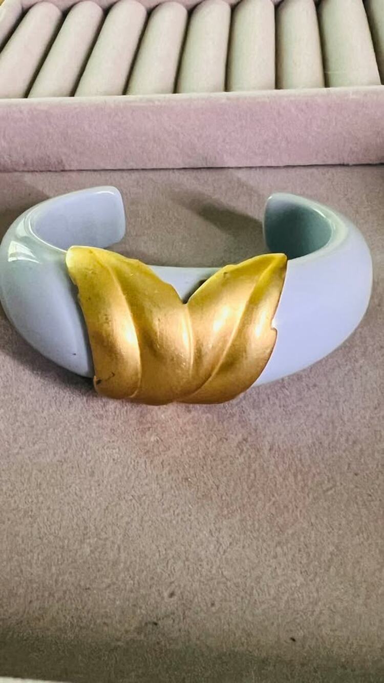 Vintage Blue Cuff Bracelet with Gold Leaf Detail